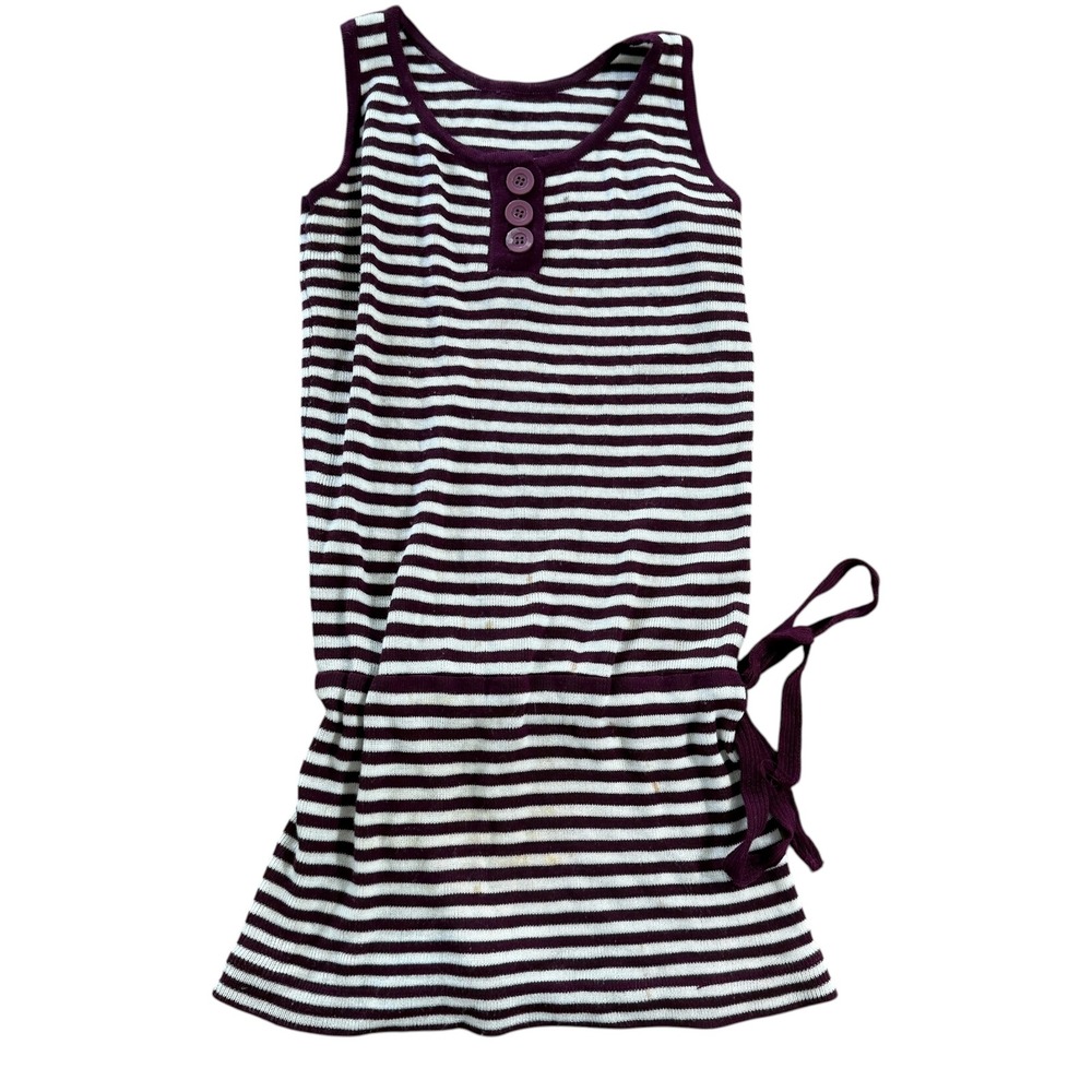Vintage 60s Mod Striped Knit Mini Dress Drop Waist Sleeveless S Burgundy Cream
